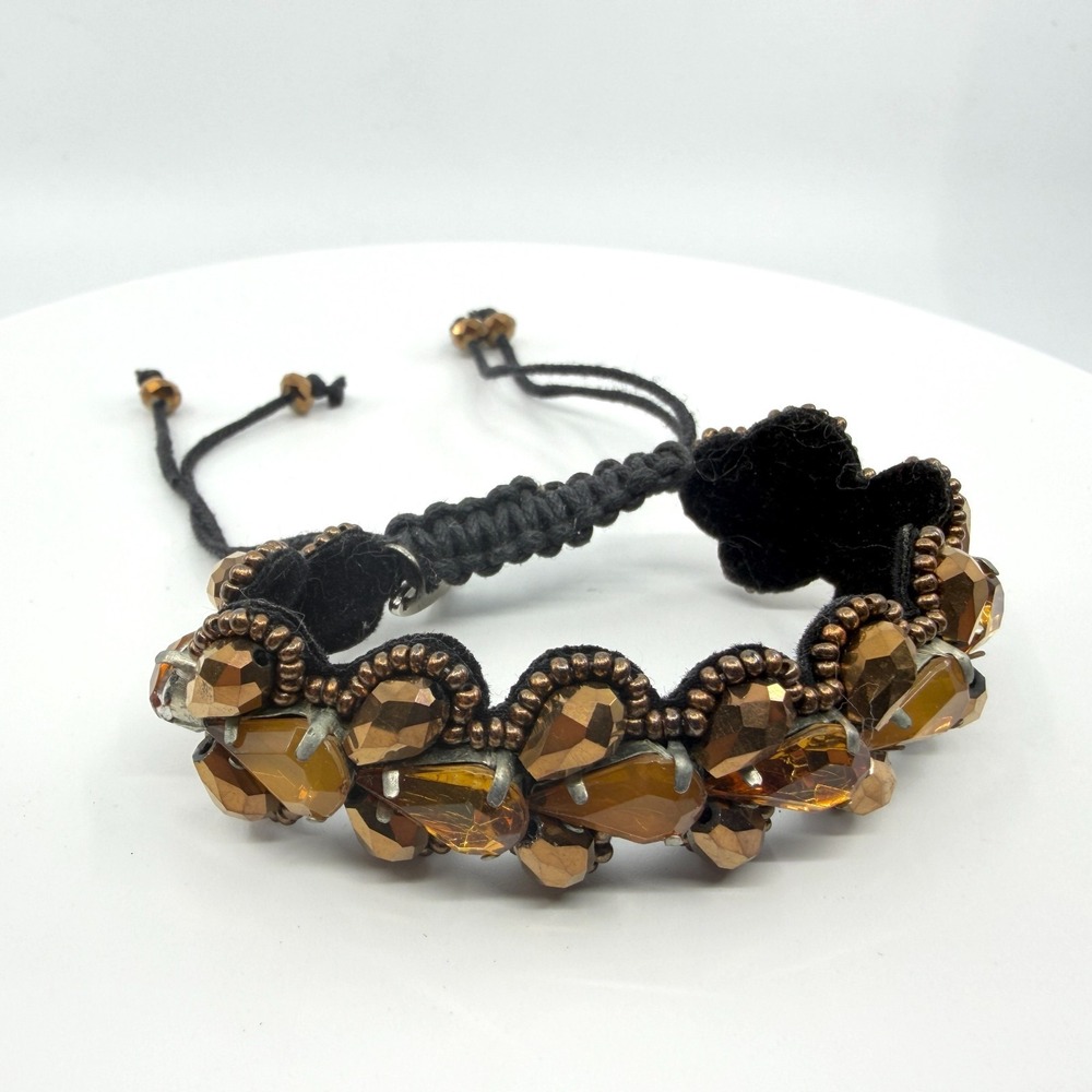 Boho Bronze Tone Teardrop Crystal Beaded Bracelet Layering Festival Jewelry